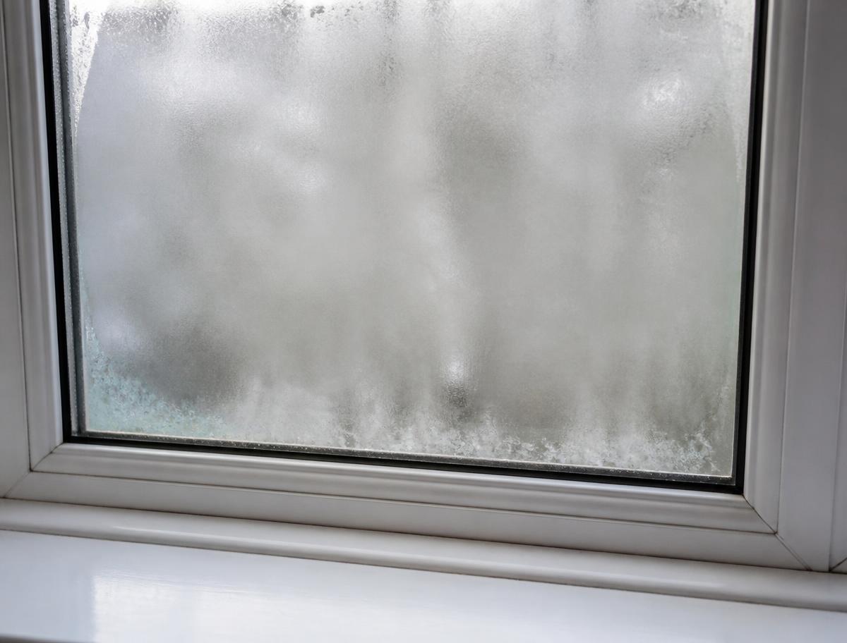 Misted double glazed window pane with condensation trapped between the glass